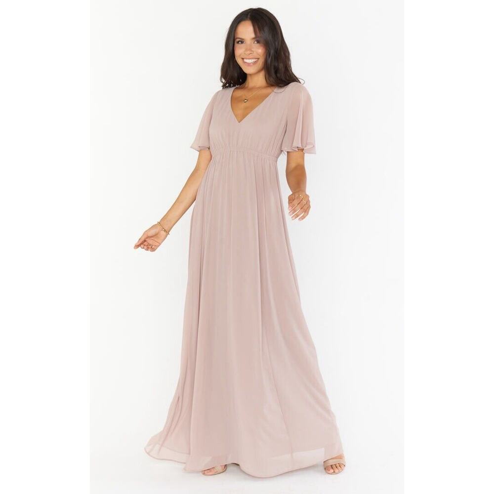 Show Me Your Mumu Emily Empire Maxi Dress Large Soft Beige Chiffon $188 MSRP